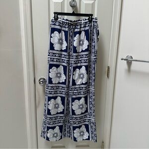 NWT Draper James RSVP Linen Blend Navy White Floral Wide-Leg Pants size Large